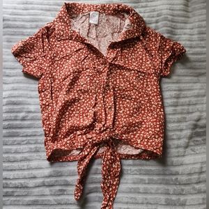 Red floral button down collared shirt